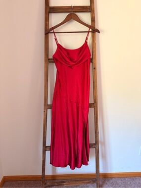 Woman's Red Satin Cowl Midi Dress with Spaghetti Straps